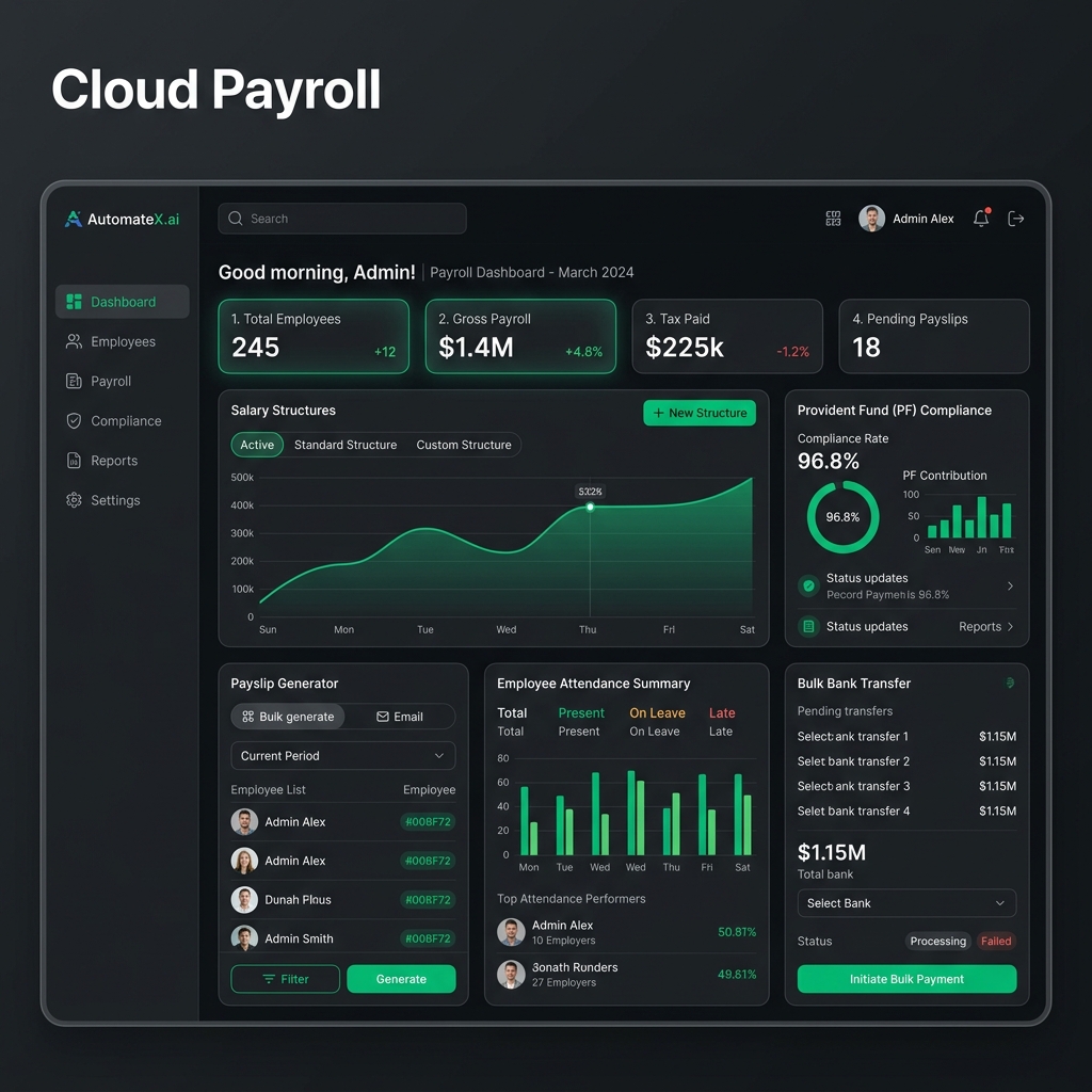 AutomateX.ai Payroll HRMS dashboard